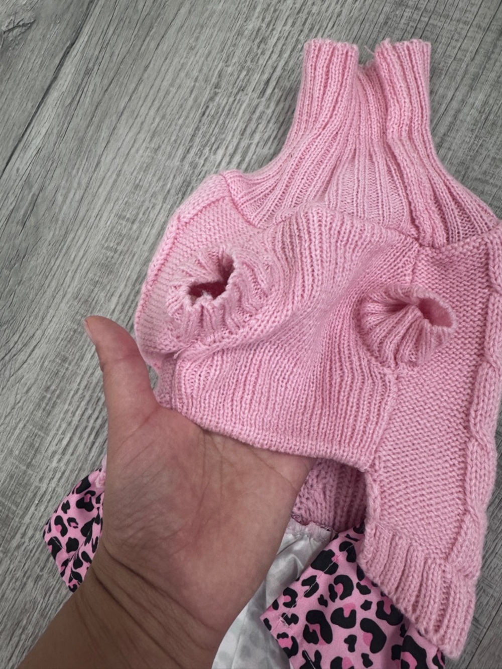 Pink Cable Knit Dog Sweater Dress with Leopard Print Ruffle & Bow Pet Clothes. - Picture 5 of 7